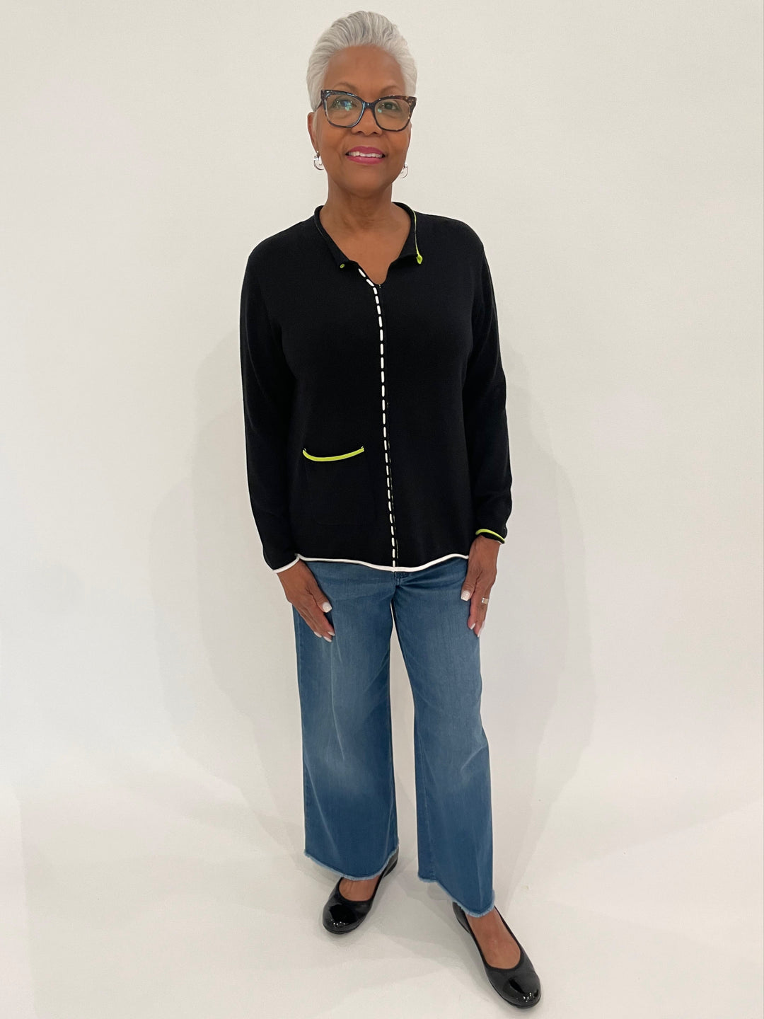 Zaket & Plover Louise Thread Detail Sweater in Black paired with MAC Denim Dream Wide Crop Wonder Jeans and Gabor Cap Toe Ballet Flats in Black available at Barbara Katz