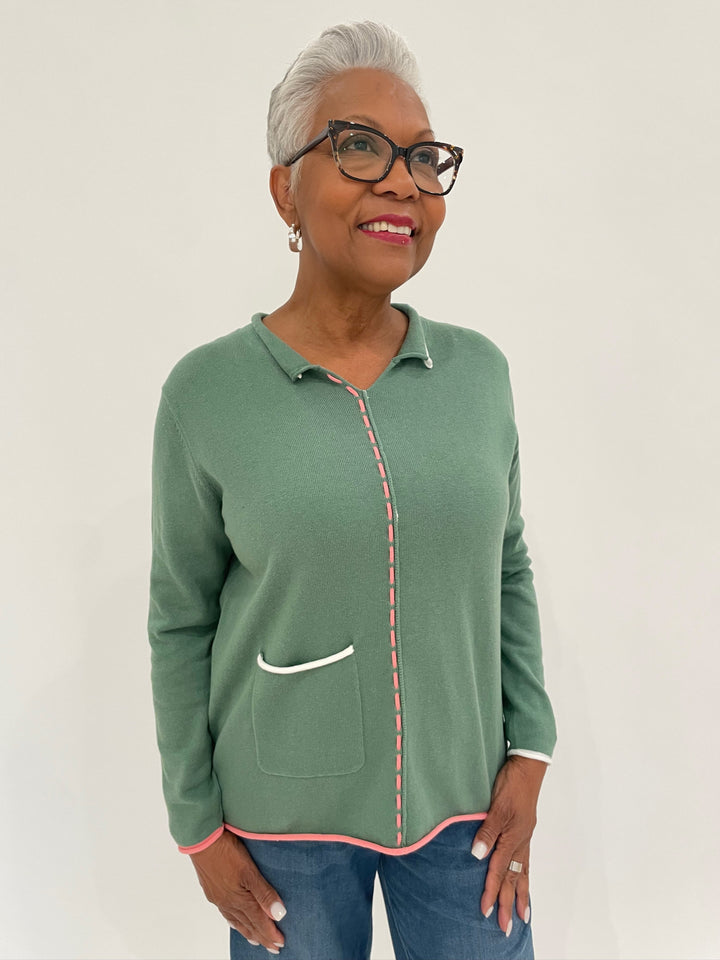 Zaket & Plover Louise Thread Detail Pullover Sweater in Sage available at Barbara Katz