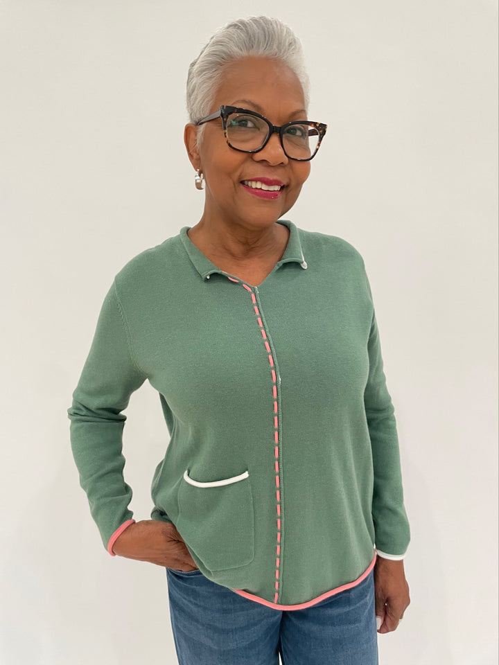 Zaket & Plover Louise Thread Detail Polo Sweater in Sage available at Barbara Katz