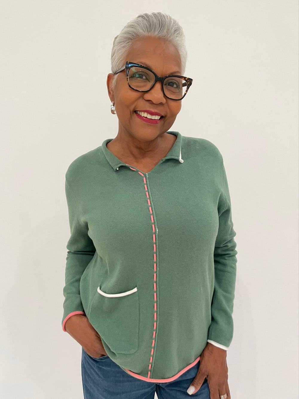 Zaket & Plover Louise Thread Detail Collared Sweater in Sage available at Barbara Katz