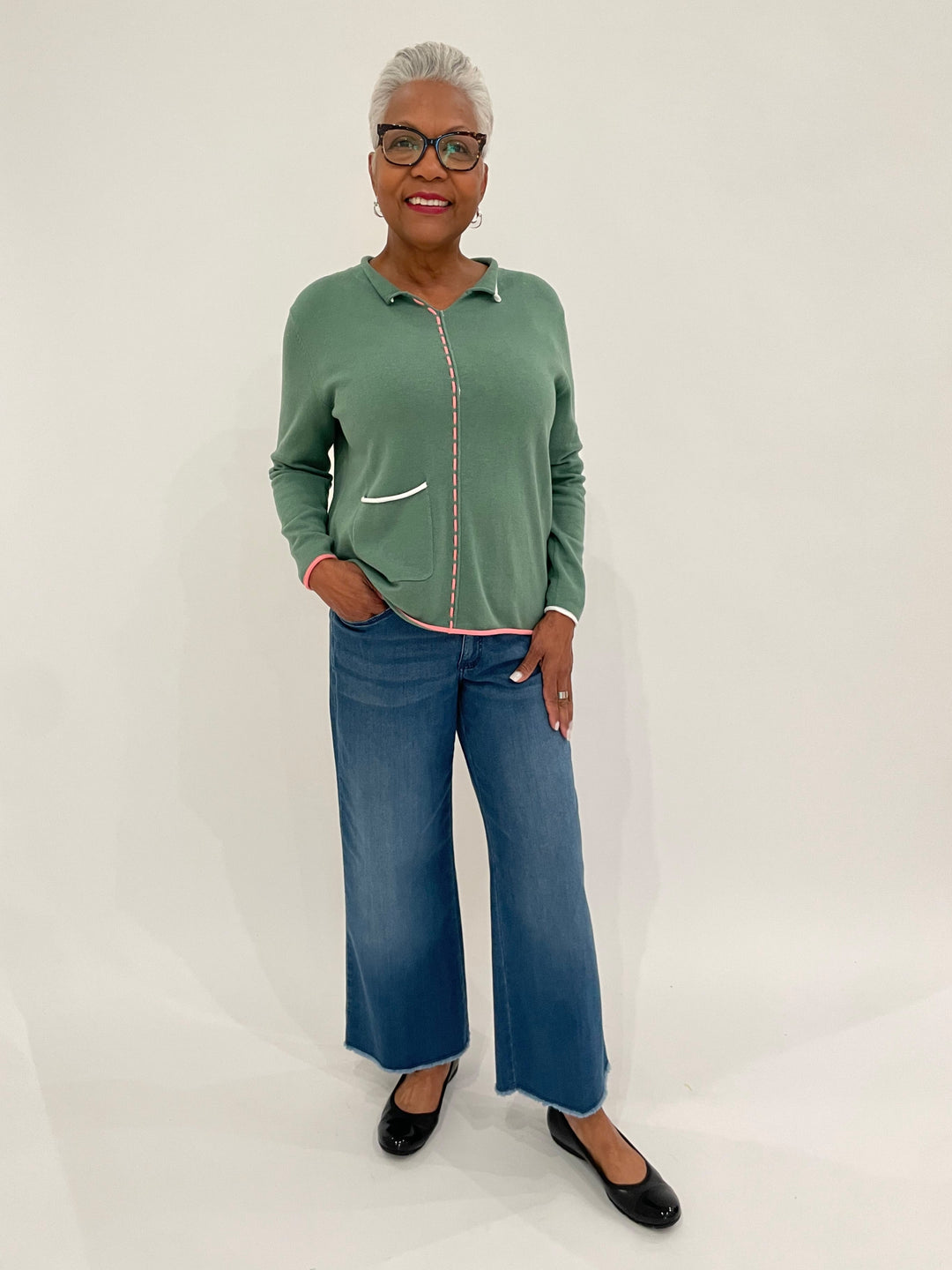 Zaket & Plover Louise Thread Detail Sweater in Sage paired with MAC Denim Dream Wide Crop Wonder Jeans and Gabor Cap Toe Ballet Flats in Black available at Barbara Katz