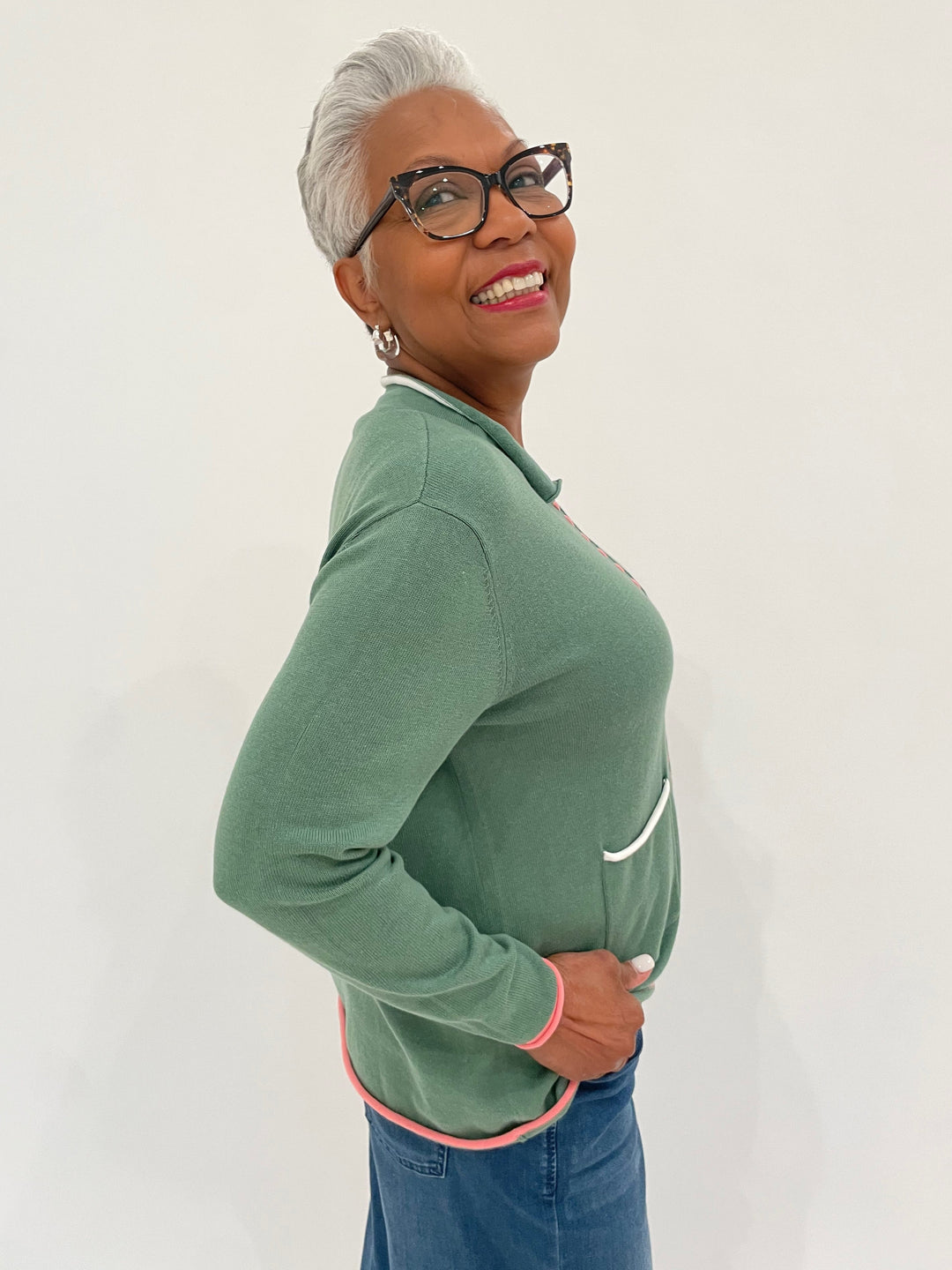 Zaket & Plover Louise Thread Detail Long Sleeve Sweater in Sage available at Barbara Katz