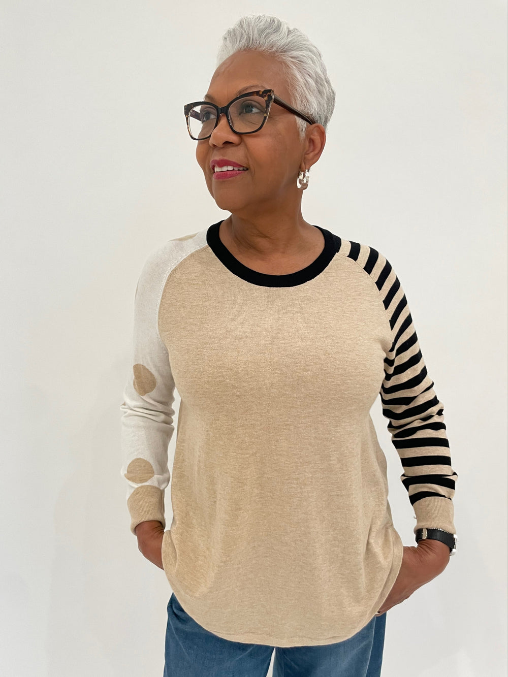 Zaket & Plover Betsy Spots & Stripes Crew Sweater in Cream available at Barbara Katz