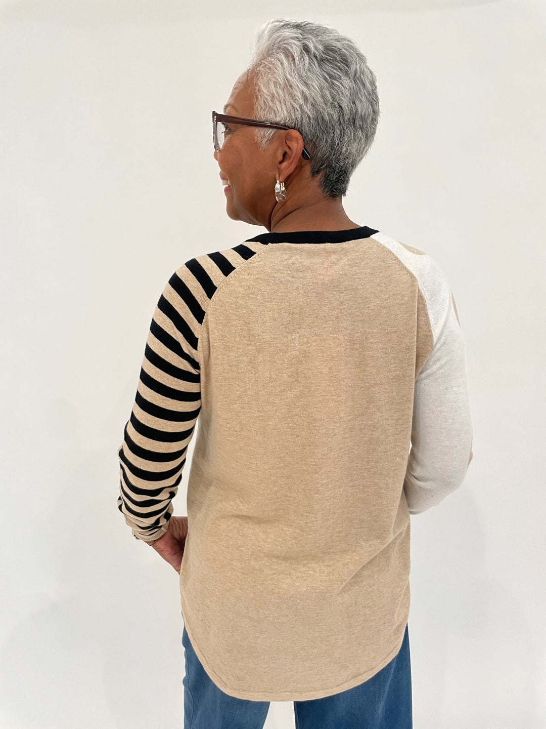 Zaket & Plover Betsy Spots & Stripes Sweater in Cream with Lizzie Fortunato Clear Organic Hoop Earrings available at Barbara Katz