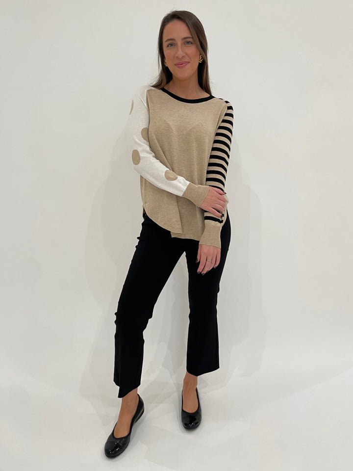 Zaket & Plover Betsy Spots & Stripes Sweater in Cream paired with Black Pants and Black Gabor Cap Toe Ballet Flats available at Barbara Katz