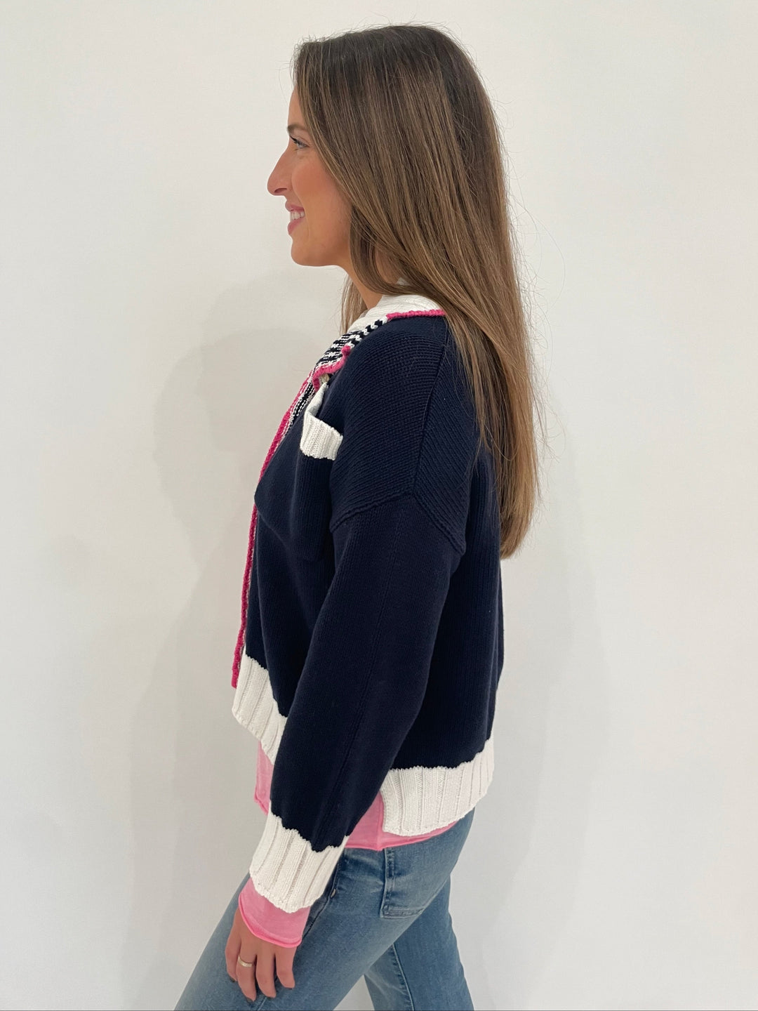 Zaket & Plover Cali Long Sleeve Collared Cardigan in Navy available at Barbara Katz