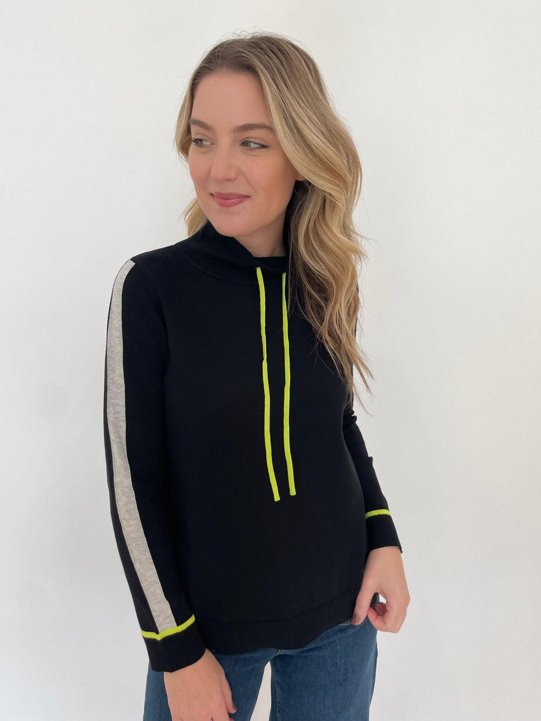 Edinburgh Knitwear Sporty Pop Funnel Neck Sweater in Black/Lime/Grey available at Barbara Katz