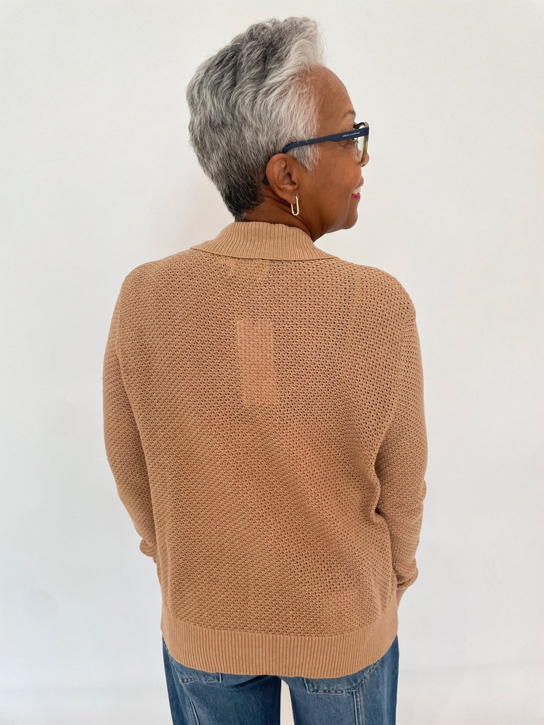 Edinburgh Knitwear Mesh Knit Long Sleeve Jacket in Camel available at Barbara Katz