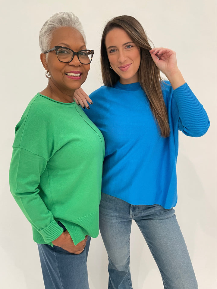 BK Shaina Center Seam Sweater in Green and Sabrina Boxy Sweater in Blue Jewel available at Barbara Katz