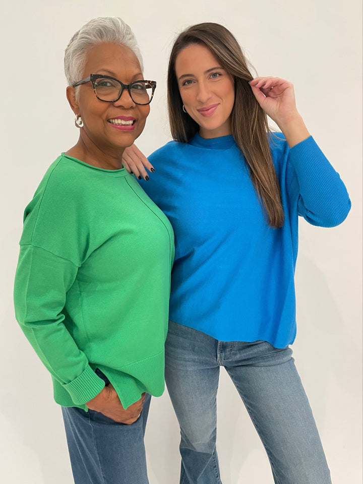 BK Shaina Center Seam Sweater in Green and Sabrina Boxy Sweater in Blue Jewel available at Barbara Katz