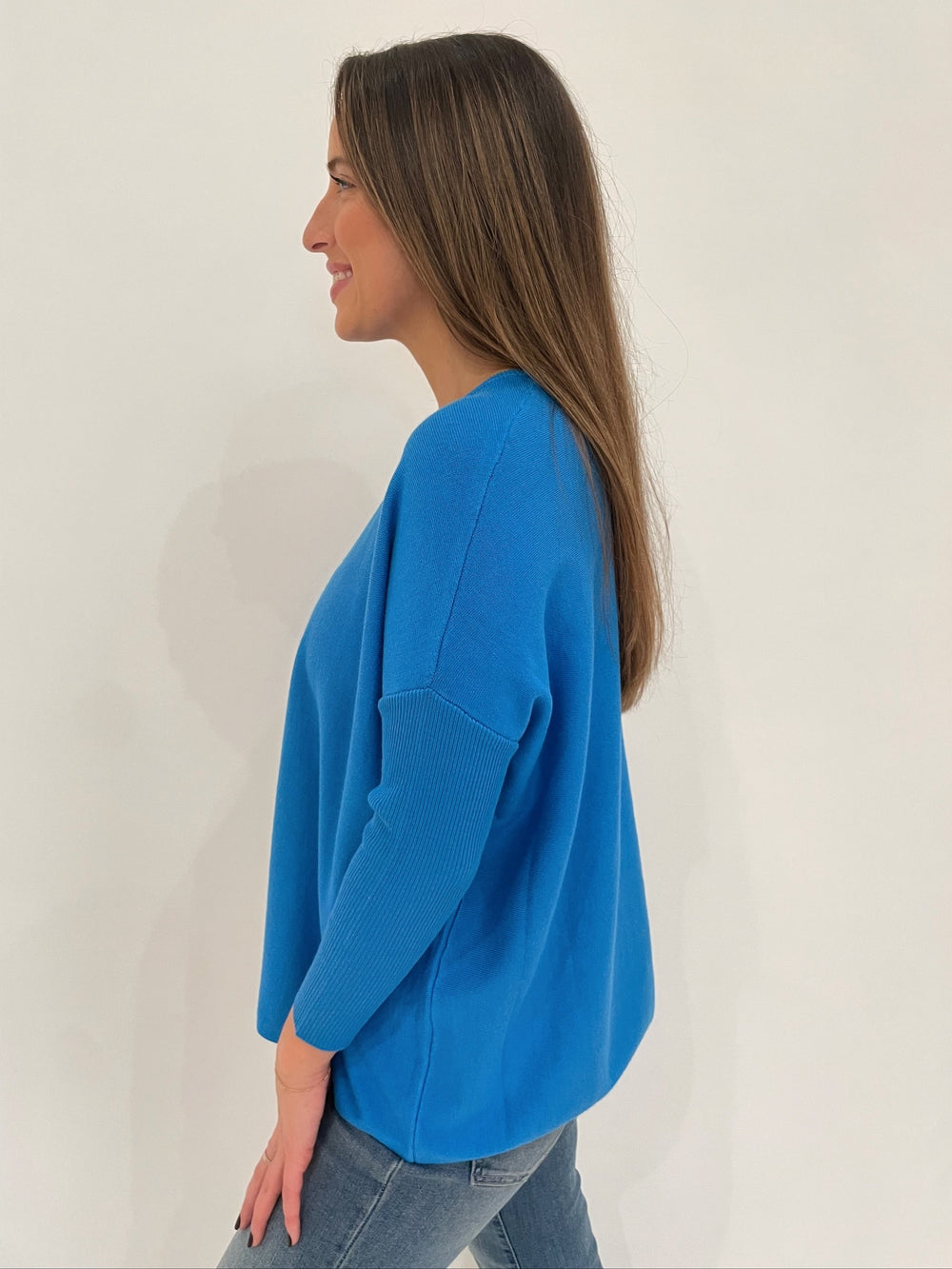 BK Sabrina Boxy Long Sleeve Sweater in Blue Jewel available at Barbara Katz