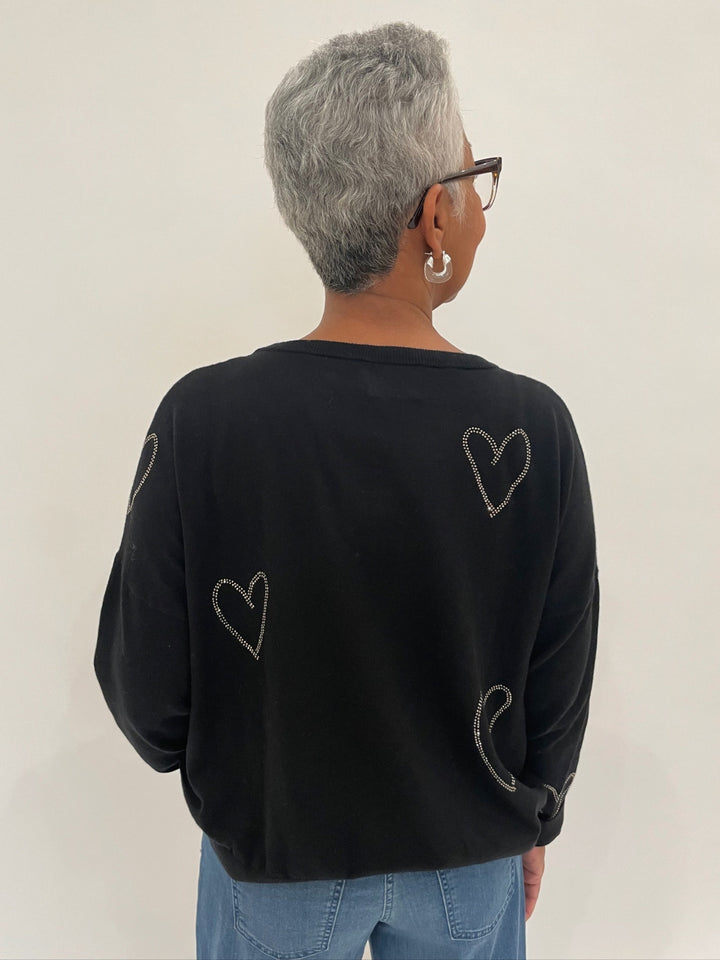 Whisper by Brodie Heart Hot Fix Crew Sweater in Coal with Lizzie Fortunato Clear Organic Hoops available at Barbara Katz