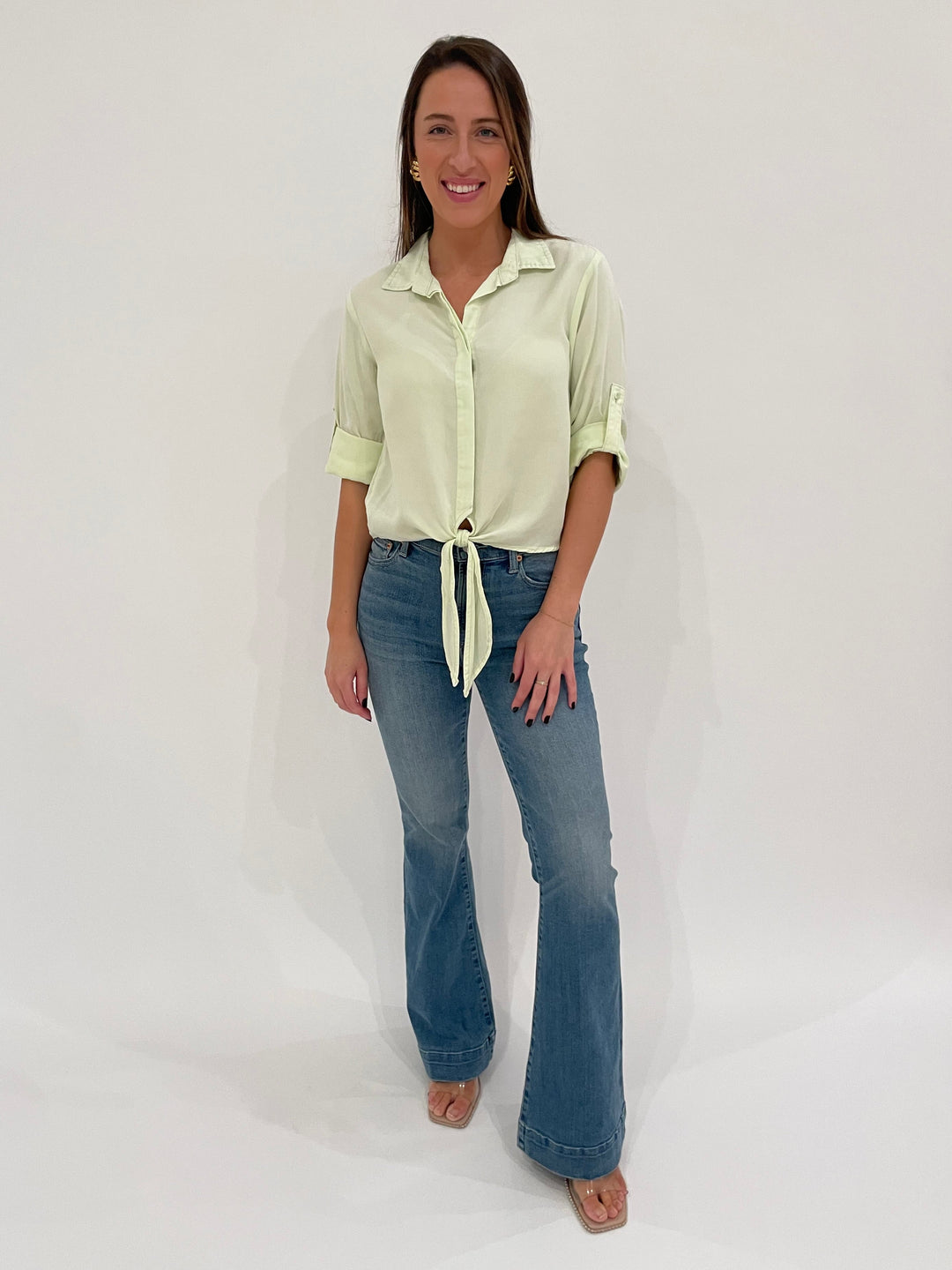 BK Solange Tie Button-Down Shirt in Lime Cream paired with Pistola Denim Kinsley Ultra Flare Jeans in Essay available at Barbara Katz