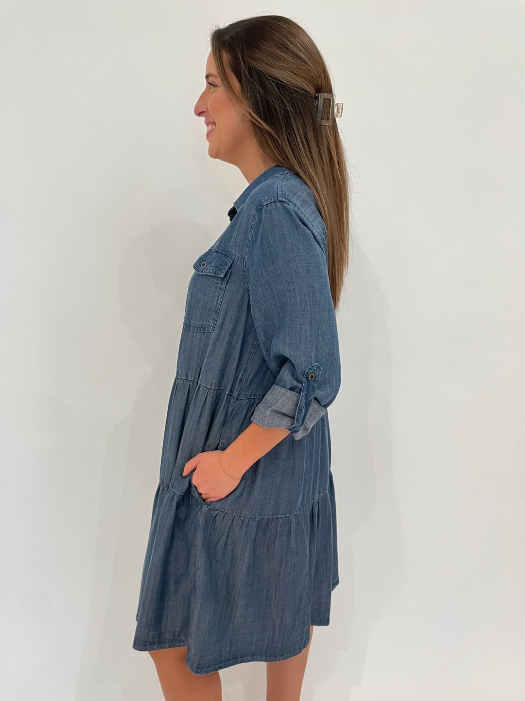 BK Bree Denim Dress with Roll-tab Sleeves in Calva available at Barbara Katz