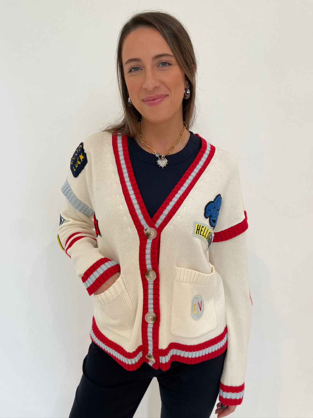 BK Varsity Patch V-Neck Cardigan in Red Multi with Elizabeth Cole Jewelry Meira Necklace available at Barbara Katz