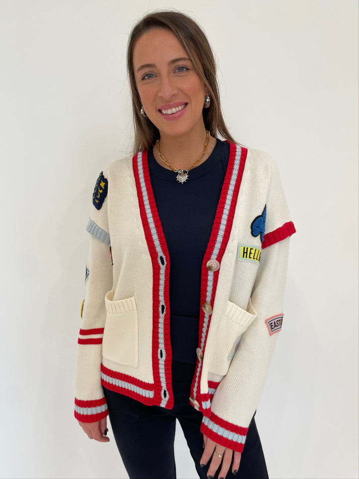 BK Varsity Patch V-Neck Cardigan in Red Multi with Lizzie Fortunato Organic Hoop Earrings in Silver/Clear and Elizabeth Cole Jewelry Meira Necklace available at Barbara Katz