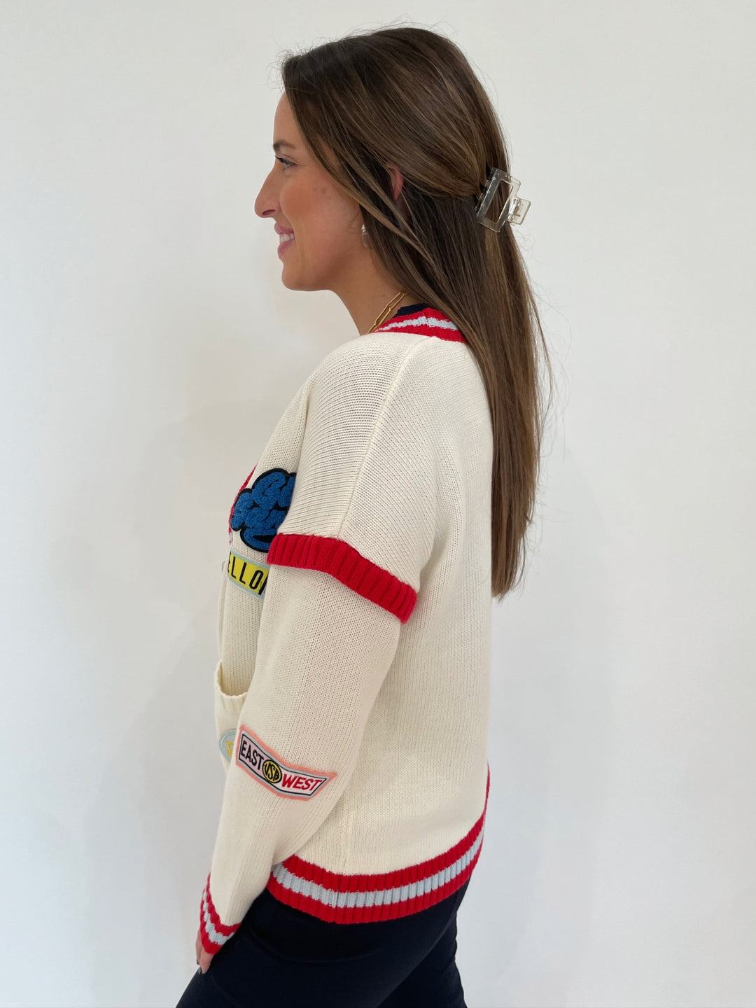 BK Varsity Patch V-Neck Cardigan in Red Multi  available at Barbara Katz