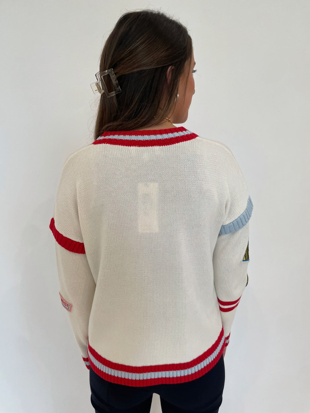 BK Varsity Patch V-Neck Cardigan in Red Multi available at Barbara Katz