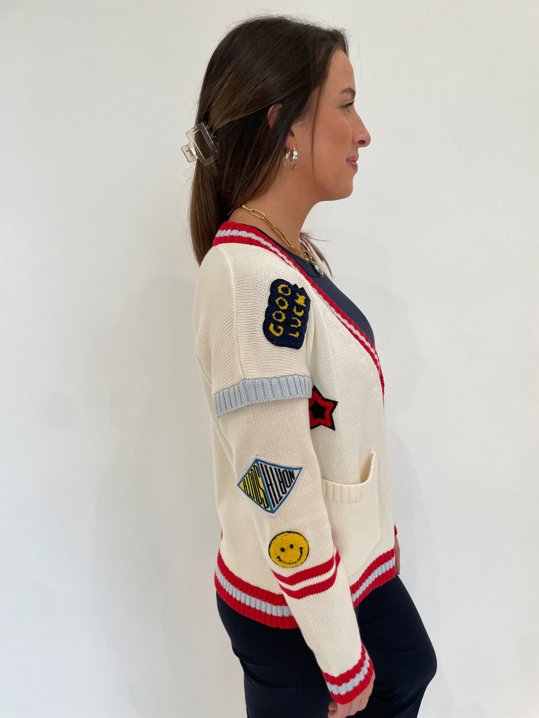 BK Varsity Patch V-Neck Long Sleeve Cardigan in Red Multi available at Barbara Katz