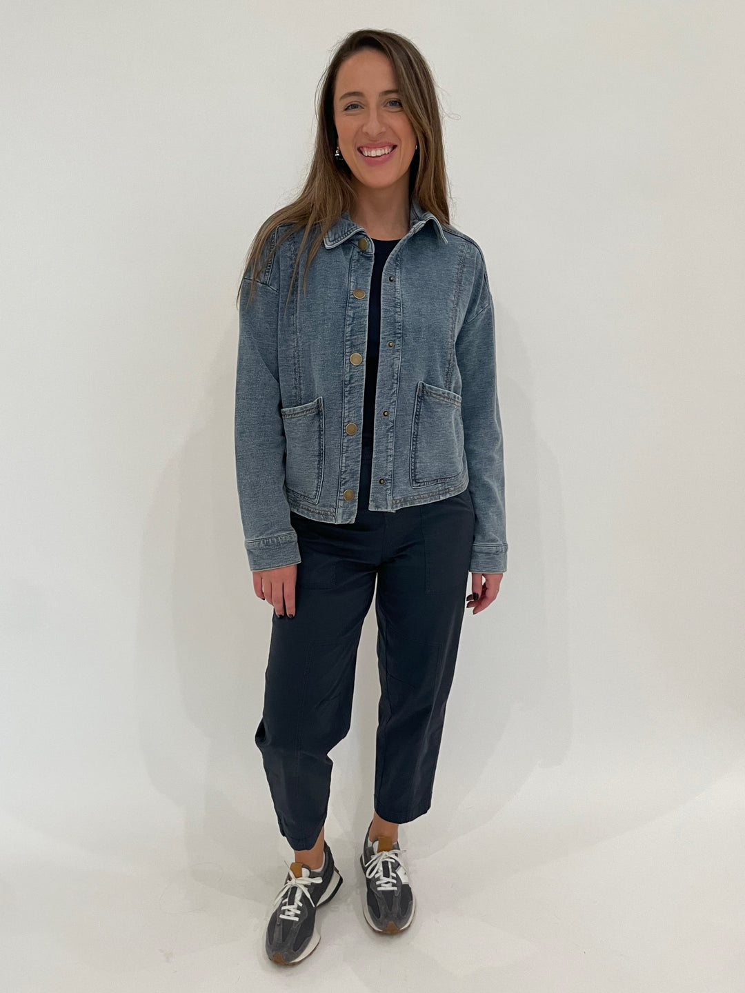 BK Cropped Barn Jacket in Light Blue paired with Marrakech Azure Pants in Blue Nights available at Barbara Katz