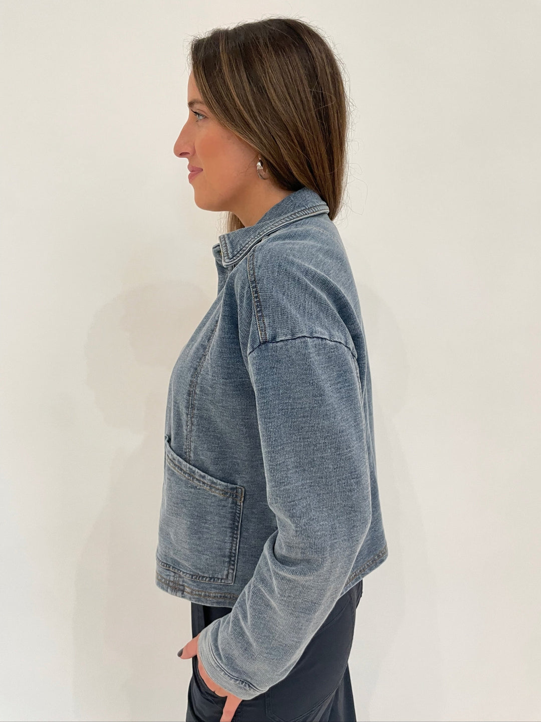 BK Cropped Denim Barn Jacket in Light Blue available at Barbara Katz