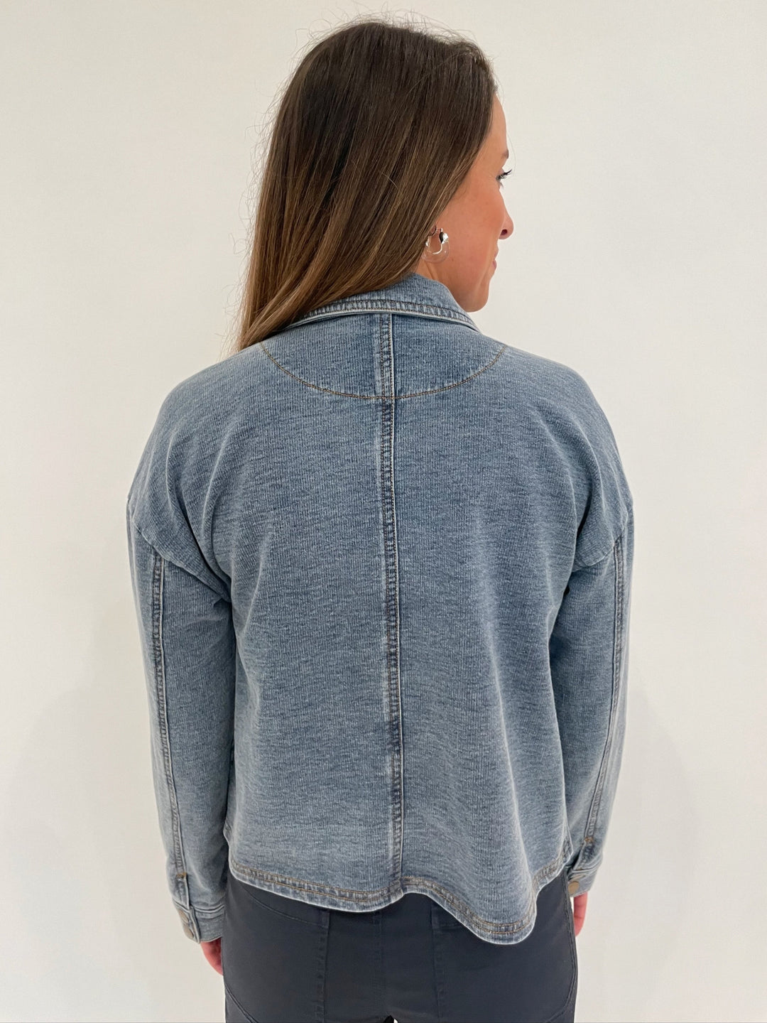 BK Barn Cropped Denim Jacket in Light Blue available at Barbara Katz