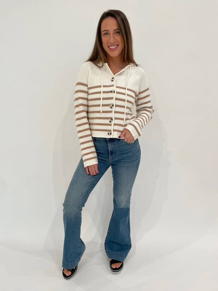 BK Striped Dickey Sweater Jacket in Ivory Combo paired with Pistola Denim Kinsley Flare Jeans in Essay available at Barbara Katz