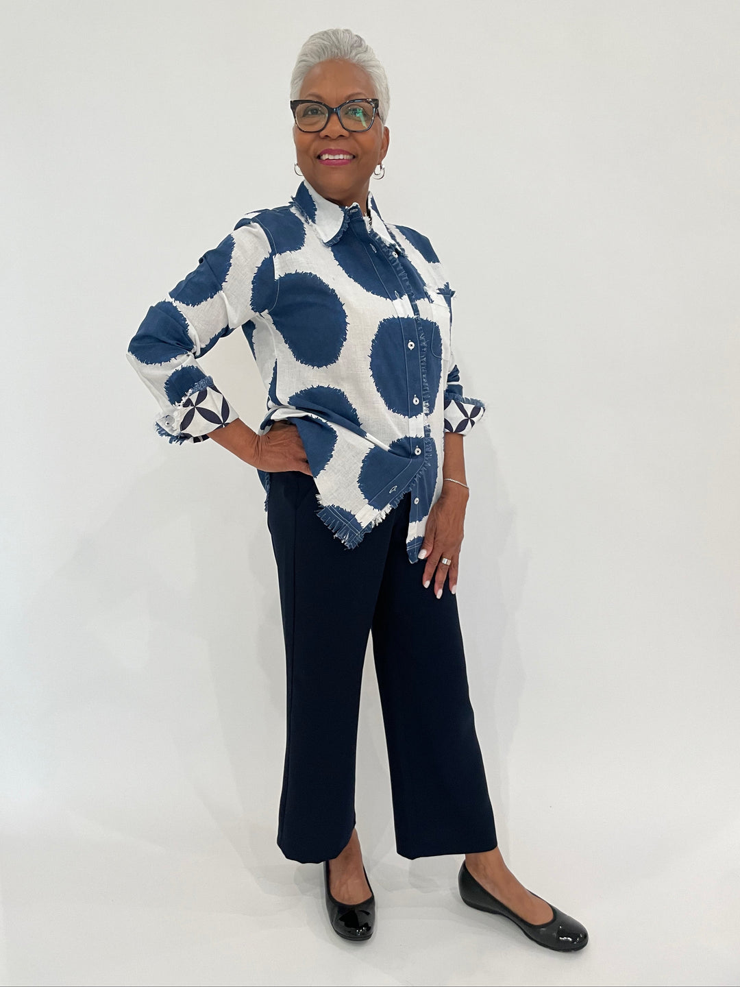 Dizzy-Lizzie Cape Cod Frayed Shirt in Big Navy Dots print paired with MAC Chiara Crop Floating Crepe Culottes Pants in Navy, Gabor Cap Toe Ballet Flat Shoes in Black available at Barbara Katz