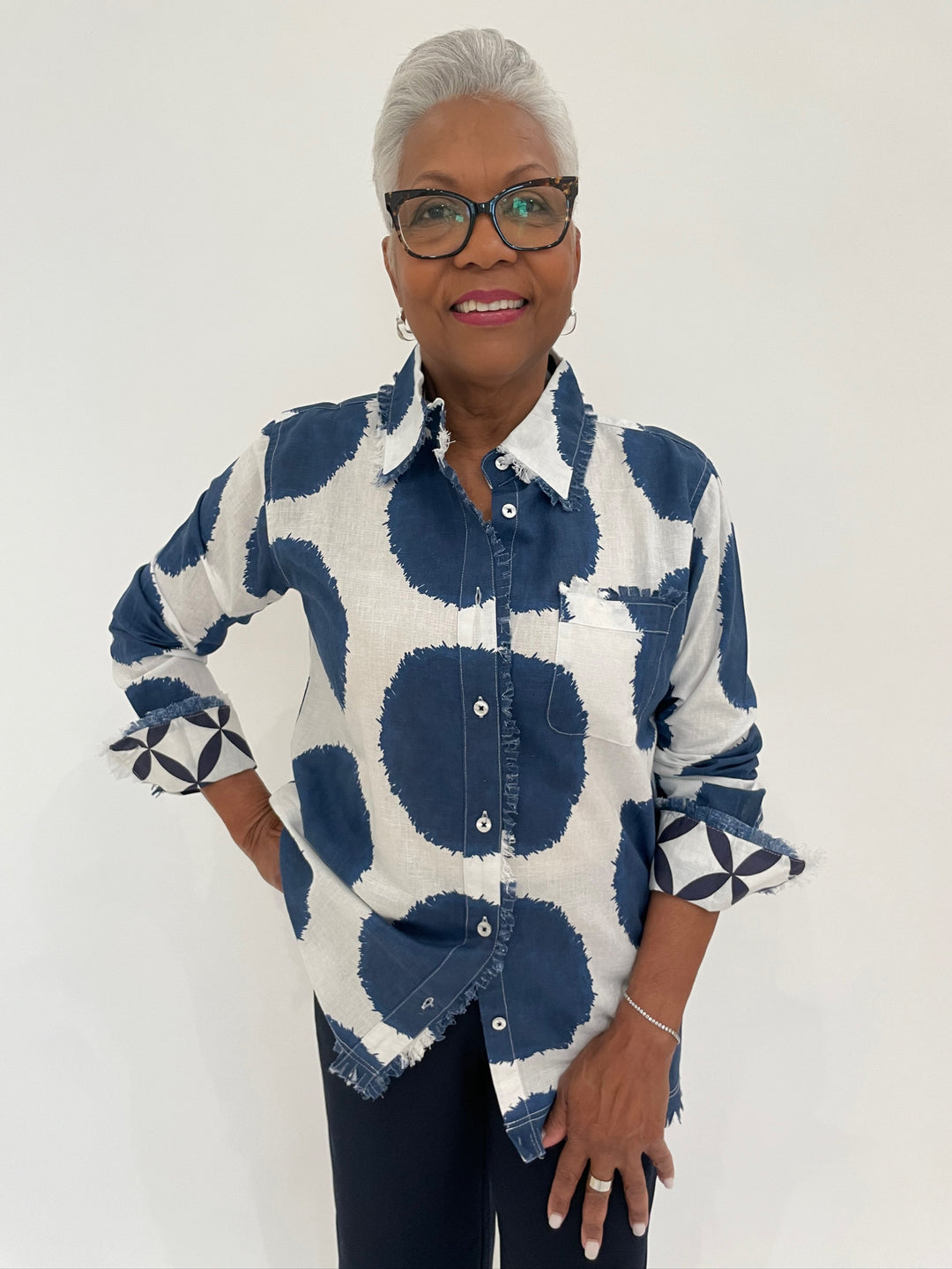 Dizzy-Lizzie Cape Cod Frayed Shirt in Big Navy Dots print available at Barbara Katz