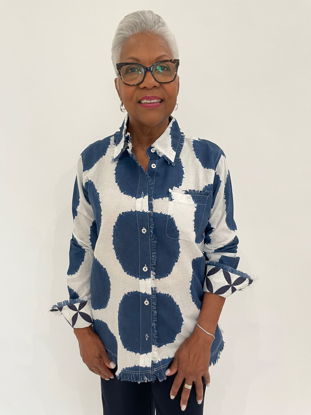 Dizzy-Lizzie Cape Cod Cotton Linen Frayed Shirt in Big Navy Dots print available at Barbara Katz