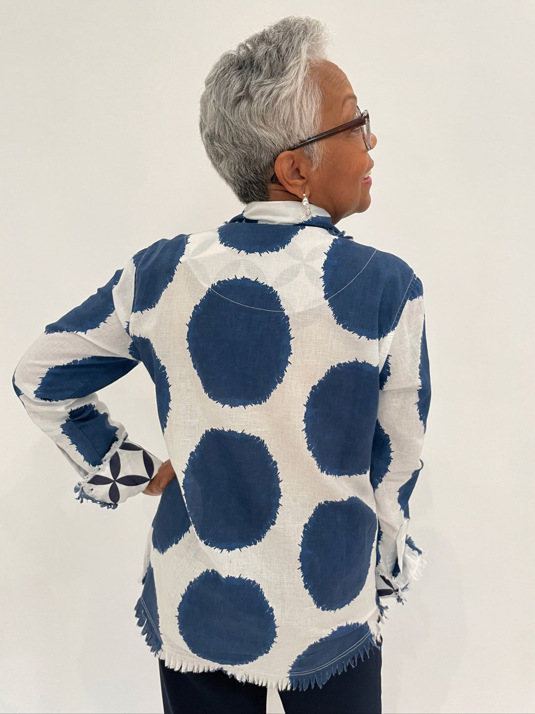 Dizzy-Lizzie Cape Cod Frayed Shirt in Big Navy Dots print available at Barbara Katz