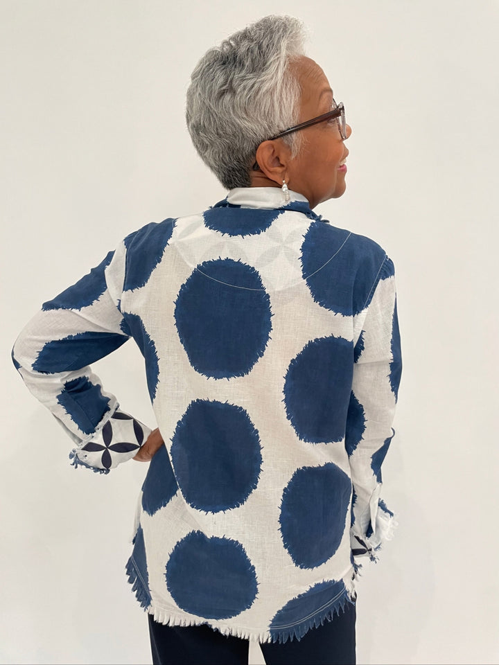 Dizzy-Lizzie Cape Cod Frayed Shirt in Big Navy Dots print available at Barbara Katz