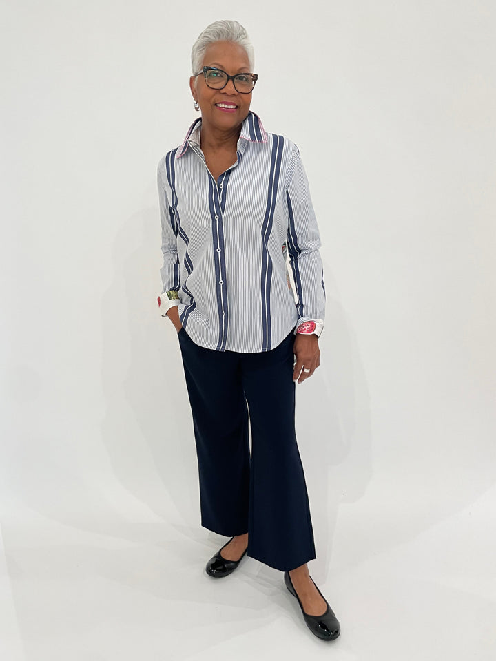 Dizzy-Lizzie Chesapeake Shirt in Yarn-dyed Stripes paired with MAC Chiara Crop Floating Crepe Culottes Pants in Navy, Gabor Cap Toe Ballet Flat Shoes in Black available at Barbara Katz