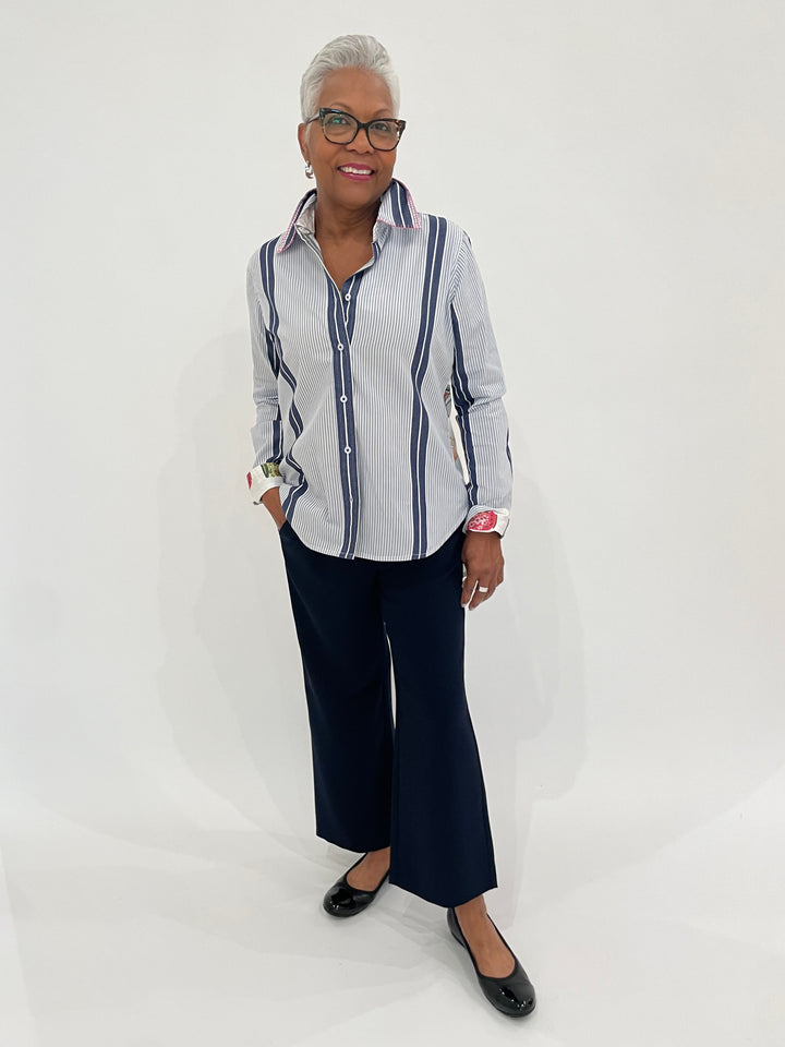 Dizzy-Lizzie Chesapeake Shirt in Yarn-dyed Stripes paired with MAC Chiara Crop Floating Crepe Culottes Pants in Navy, Gabor Cap Toe Ballet Flat Shoes in Black available at Barbara Katz