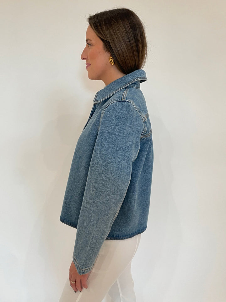 BA&SH Tiny Long Sleeve Denim Jacket in Blue with Ben-Amun Madeline Clip-On Earrings in Gold available at Barbara Katz