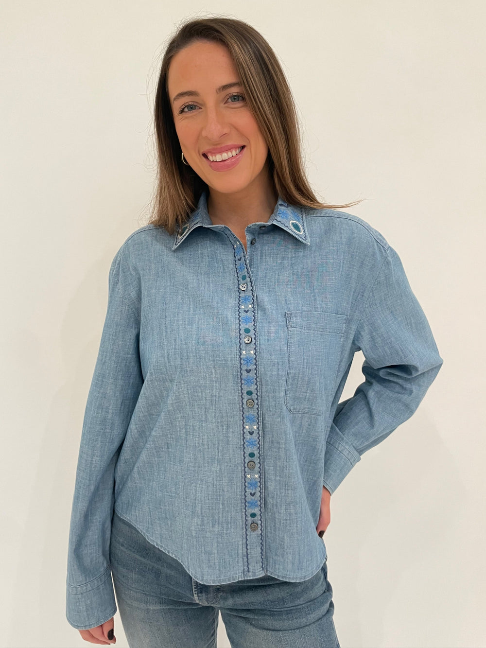 Max Mara Weekend Musette Button Down Shirt in Light Navy available a Barbara Katz