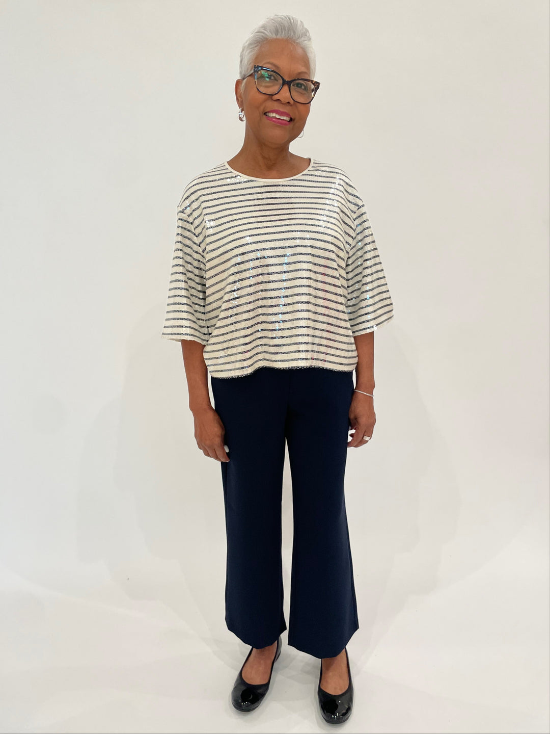 Marella Gardone Sequin Stripe Top in Cream paired with MAC Chiara Crop Floating Crepe Culottes Pants in Navy, Gabor Cap Toe Ballet Flat Shoes in Black available at Barbara Katz