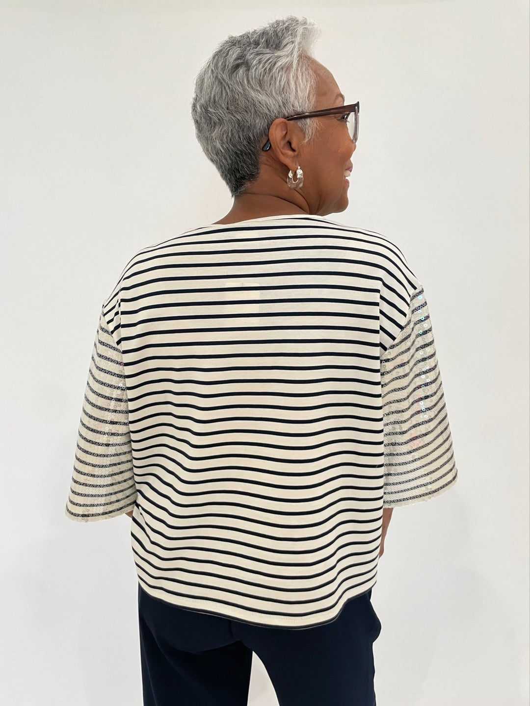 Marella Gardone Sequin Stripe Top in Cream with Lizzie Fortunato Organic Hoop Earrings in Clear/Silver available at Barbara Katz