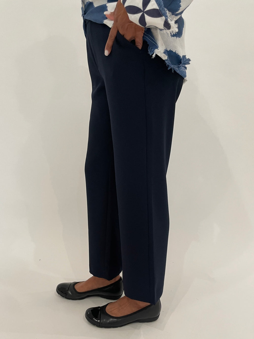 MAC Chiara Crop Floating Crepe Culottes Pants in Navy paired with Gabor Cap Toe Ballet Flat Shoes in Black available at Barbara Katz