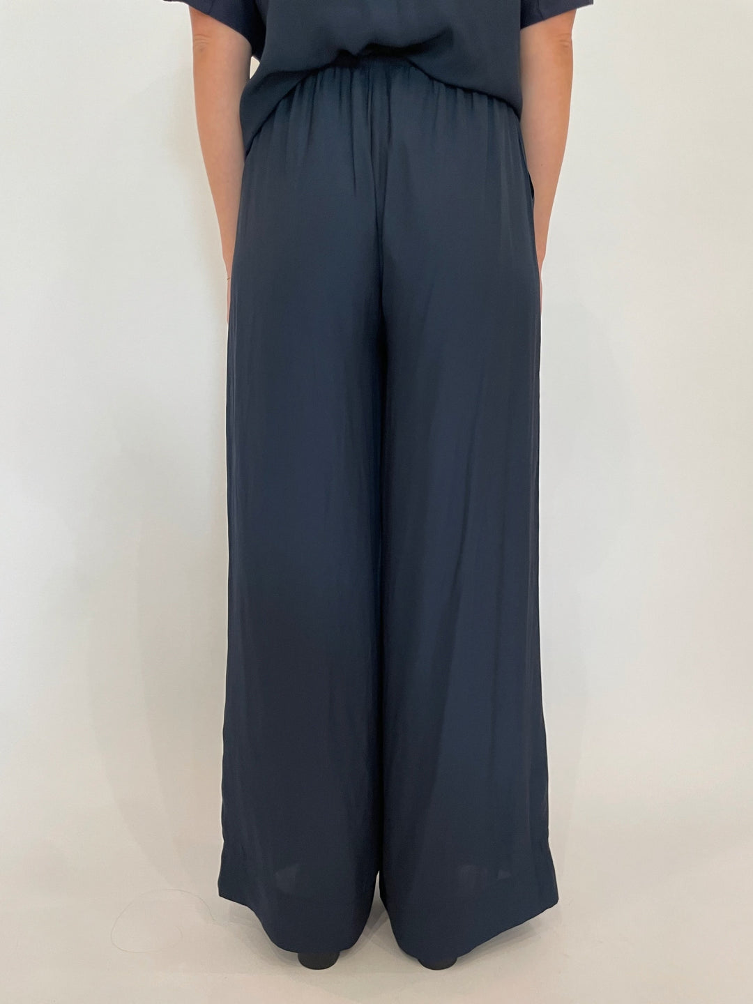 Lola  & Sophie 31" Wide Leg Satin Pants in Night Watch available at Barbara Katz