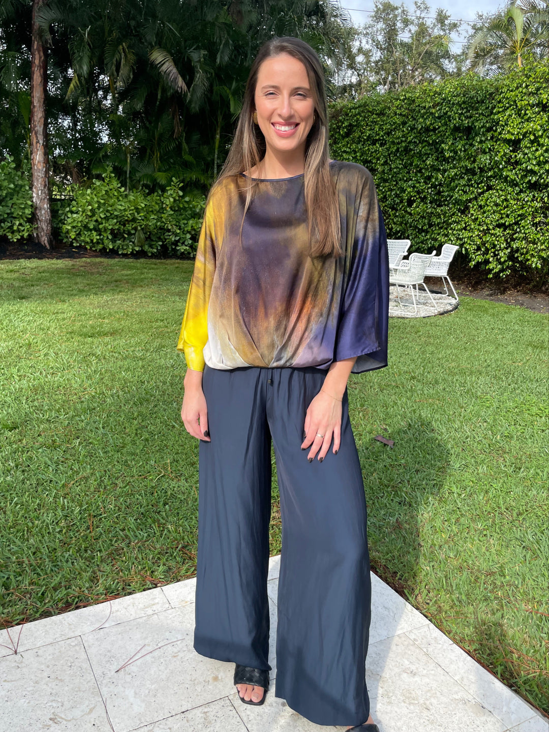 Lola & Sophie Amy Sunflower Top in Sun paired with 31" Satin Pants in Night Watch available at Barbara Katz