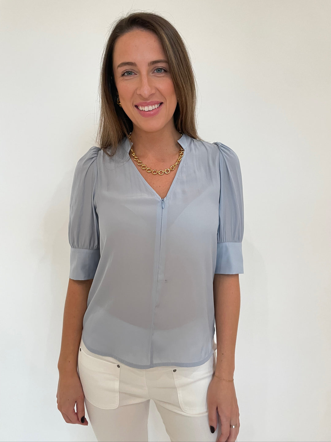 Lola & Sophie Miro Zip Front Blouse in Sky available at Barbara Katz