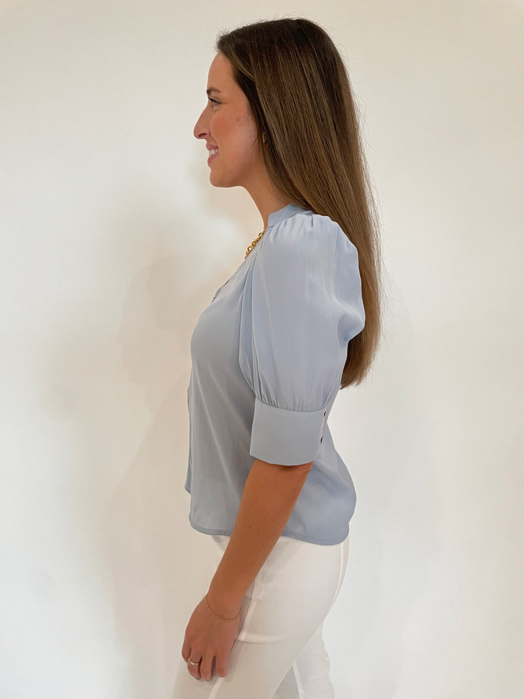 Lola & Sophie Miro Zip Front Blouse in Sky available at Barbara Katz