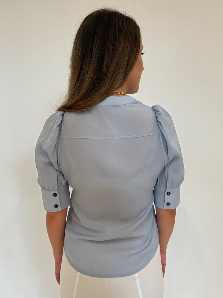 Lola & Sophie Miro Zip Front Blouse in Sky available at Barbara Katz