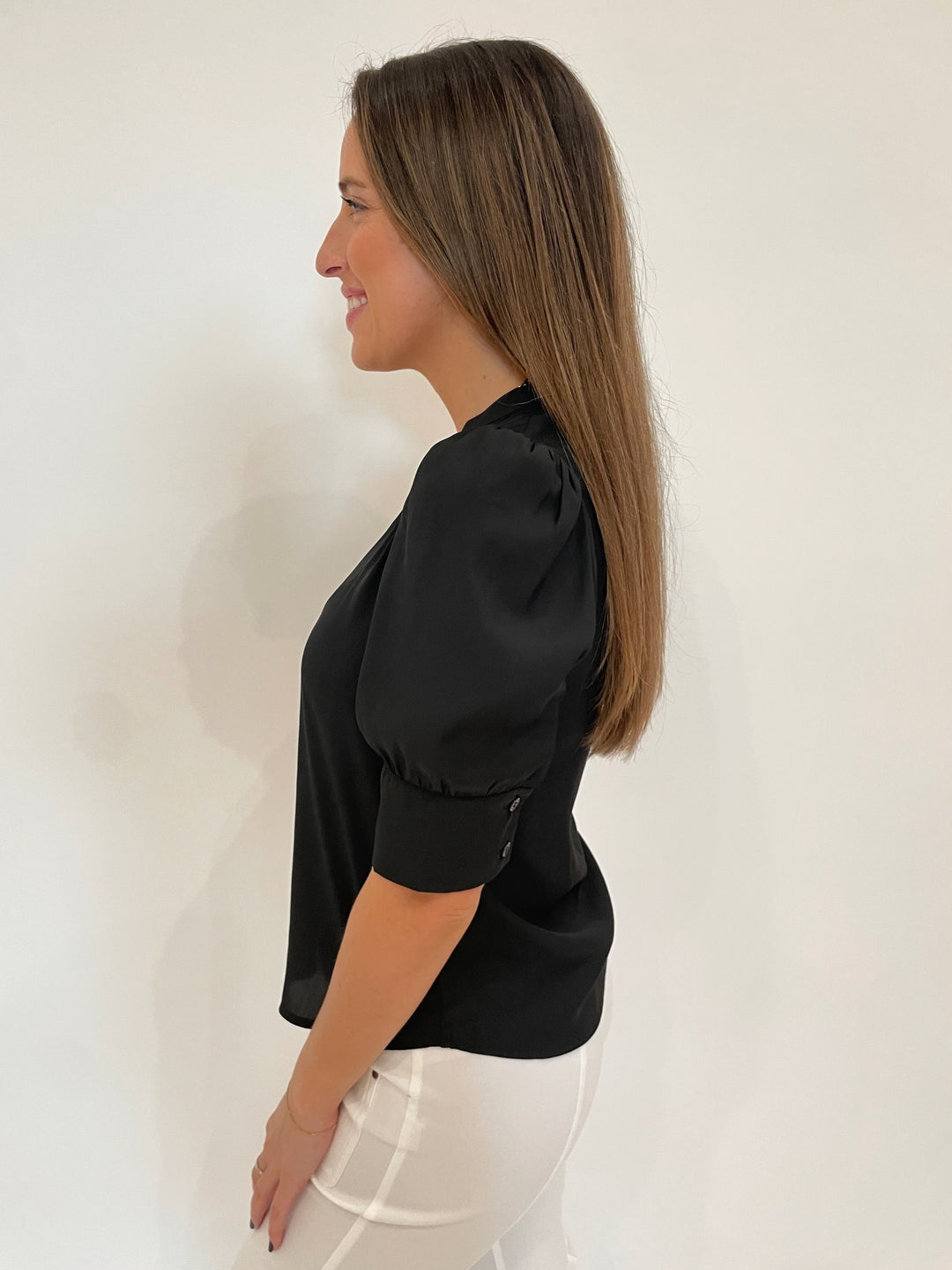 Lola & Sophie Miro Zip Front Blouse in Black available at Barbara Katz