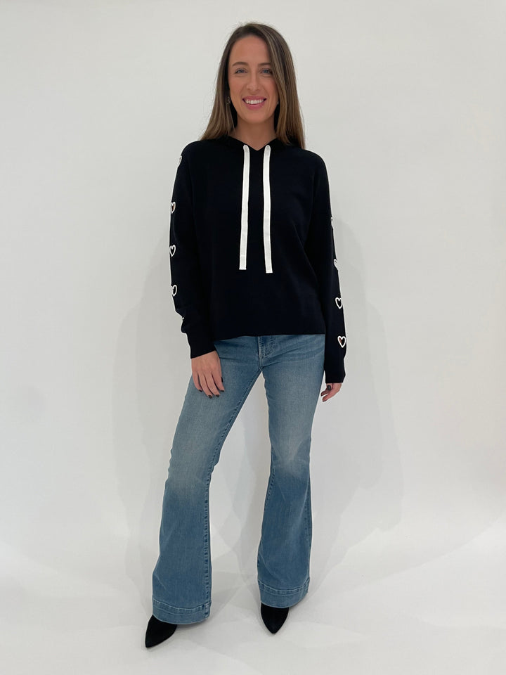 Pistola Denim Kinsley Mid Rise Ultra Flare Jeans in Essay paired with J Society Linny Heart Hoodie in Black available at Barbara Katz