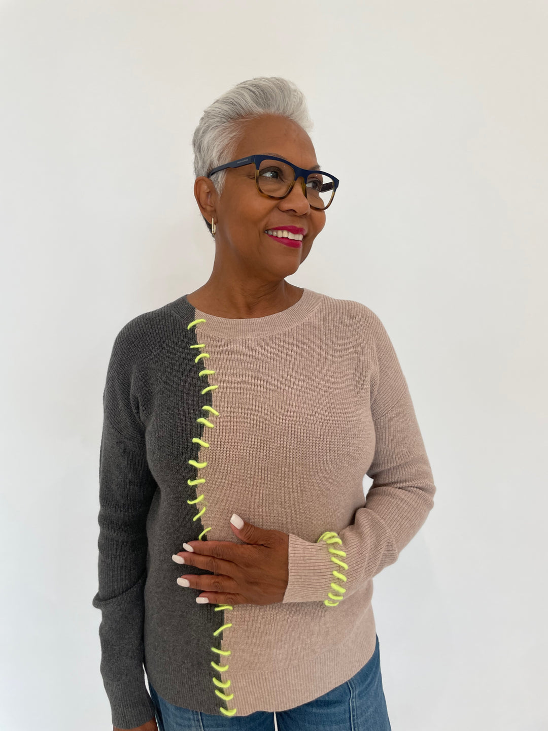 Lisa Todd Split Happens Whipstitch Crew Sweater in Chai/Charcoal available at Barbara Katz