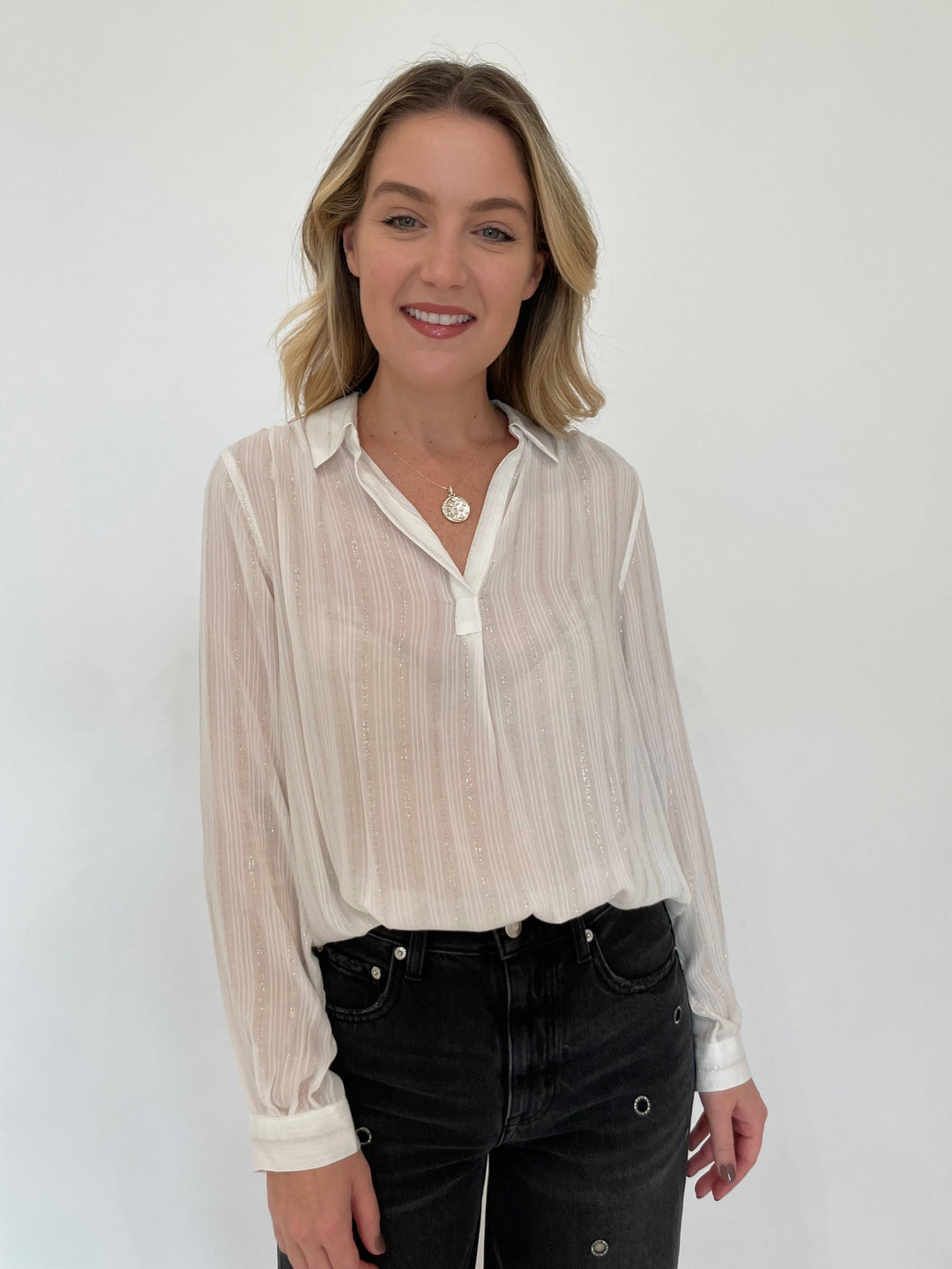 BK Starlight Stripe Long Sleeve Blouse in White paired with Pistola Hendrix High-Rise Baggy Jeans in Glamour, Melinda Maria Sweet Dreams Necklace in Gold/White Diamondettes - all available at Barbara Katz