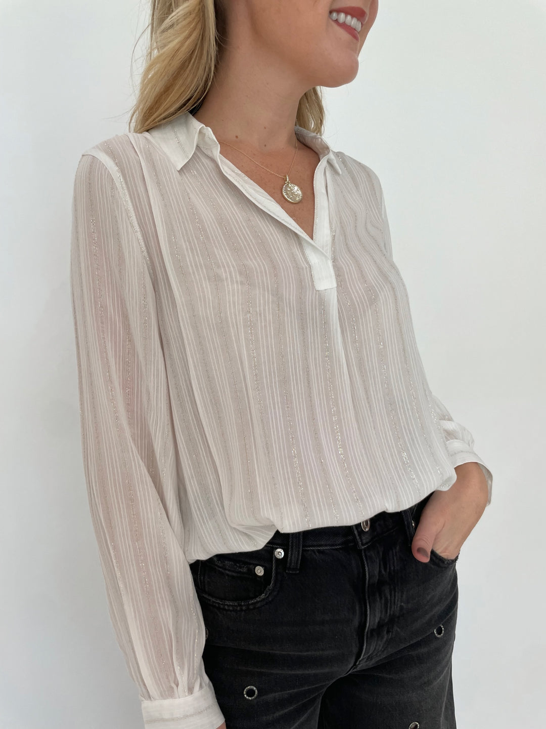 BK Starlight Stripe Shirt in White paired with Pistola Hendrix High-Rise Baggy Jeans in Glamour, Melinda Maria Sweet Dreams Necklace in Gold/White Diamondettes - all available at Barbara Katz