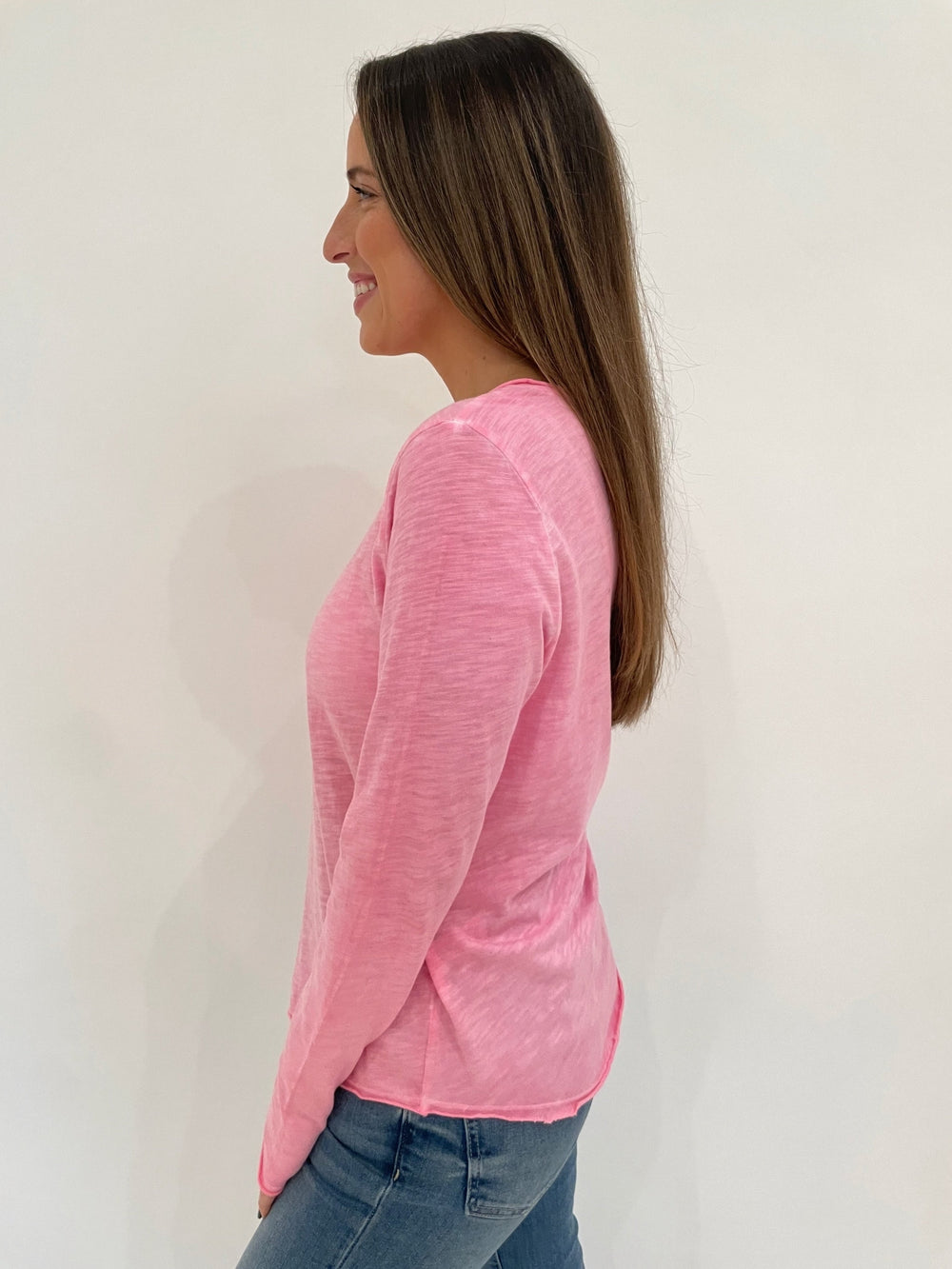 Elliott Lauren Raw Edge Long Sleeve Tee in Azalea available at Barbara Katz